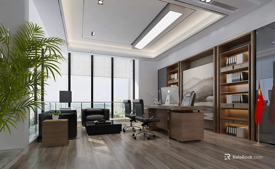 Modern Spacious Office Interior With Large Windows Wooden Desk Black Chair And Green Plant 3d model 