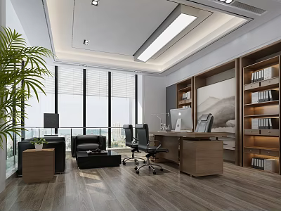 Modern Spacious Office Interior With Large Windows Wooden Desk Black Chair And Green Plant 3d model