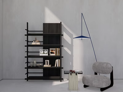 Modern Dark Wood Bookcase With Layered Shelves Accent Chair And Floor Lamp 3d model