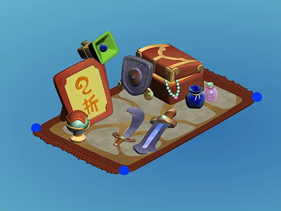 Various Items Display With Red Discount Sign Treasure Chest And Sword On Carpet 3d model