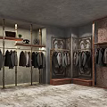 Vintage Clothing Store Interior with Metal Wooden Racks Dark Gray Jackets Patterned Walls Textured Floor