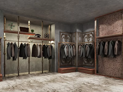 Vintage Clothing Store Interior with Metal Wooden Racks Dark Gray Jackets Patterned Walls Textured Floor 3d model