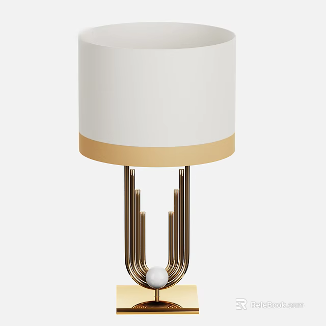 Elegant Modern Table Lamp With White Lampshade And Golden Metal Frame 3d model 