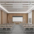 Conference Room Interior Design With Large Seating Wooden White Walls Lectern And Ceiling Lights
