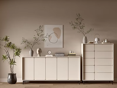 Modern Light Colored Dresser With Green Plants Wall Art And Decor Items On Wood Floor 3d model