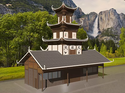 Ancient Chinese Architecture Pagoda Style With Curved Eaves Tile Roof Against Mountain Waterfall Green Trees 3d model