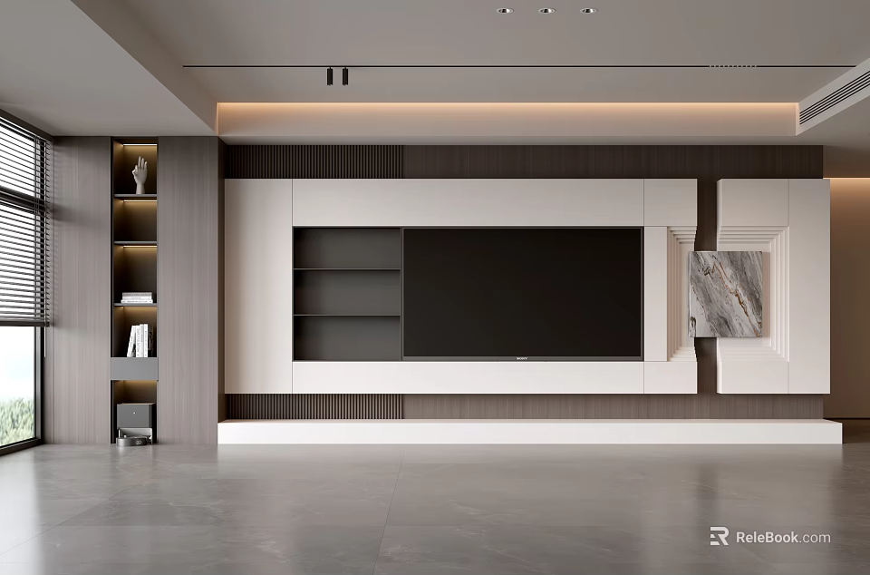 Modern Living Room Interior With TV Wall Lighted Display Shelf And Gray Floor 3d model 