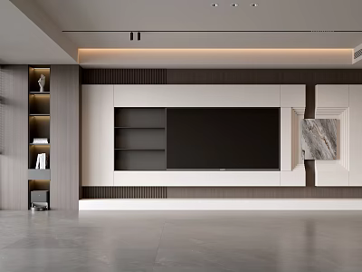 Modern Living Room Interior With TV Wall Lighted Display Shelf And Gray Floor 3d model