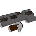 L shaped Gray Sofa Set With Dark Cushions And Brown Ottoman Blanket 3d model