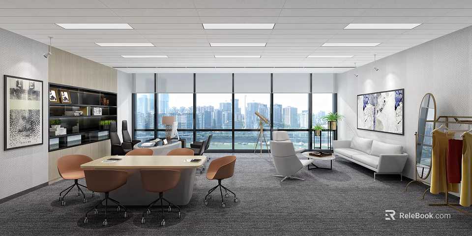 Modern Office Interior With Large Windows Desks Chairs Sofa And Plants 3d model