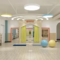 Kindergarten Music Room Interior With Yellow Curtains Blue Columns Wooden Floor And Colorful Balls