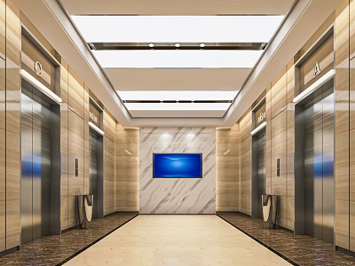Modern Elevator Lobby Interior With Marble Walls Elevator Doors Ceiling Lighting And LED Screen 3d model