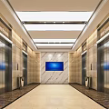 Modern Elevator Lobby Interior With Marble Walls Elevator Doors Ceiling Lighting And LED Screen