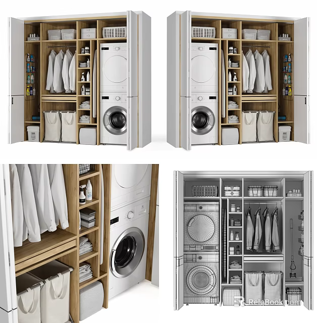 Multifunctional Wardrobe With Built In Washing Machine Dryer And Storage Shelves 3d model 