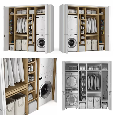 Multifunctional Wardrobe With Built In Washing Machine Dryer And Storage Shelves 3d model
