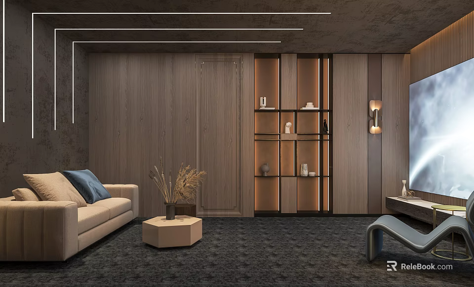 Modern Home Theater Room With Comfortable Sofa Large TV Wooden Wall Storage And Ambient Lighting 3d model 