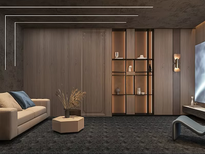 Modern Home Theater Room With Comfortable Sofa Large TV Wooden Wall Storage And Ambient Lighting 3d model