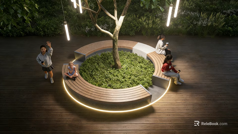 Tree Pit With Circular Wooden Bench Green Plants And People Relaxing On Wooden Floor 3d model 