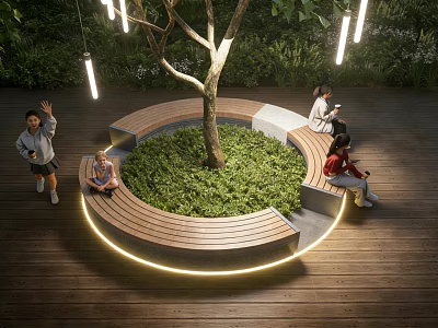 Tree Pit With Circular Wooden Bench Green Plants And People Relaxing On Wooden Floor 3d model