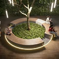 Tree Pit With Circular Wooden Bench Green Plants And People Relaxing On Wooden Floor