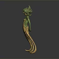 Unique Green And Gold Woman Statue With Flame Like Headpiece And Flowing Skirt