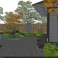 Serene Japanese Garden Courtyard Featuring Bamboo Fence Maple Trees Rocks Waterfall And Stone Patio