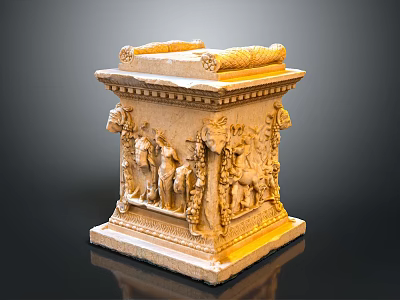 Ancient Stone Sculpture With Intricate Relief Figures On Pedestal Base 3d model