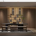 Traditional Tea Room Interior With Wooden Table Benches Green Plant And Decorative Shelves