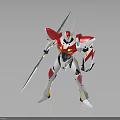 Red White Yellow Mech Robot Standing Pose Holding Spear Shield on Shiny Reflective Floor 3d model