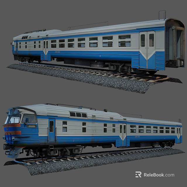 Vintage Blue and White Train With Several Carriages On Railway Tracks 3d model 
