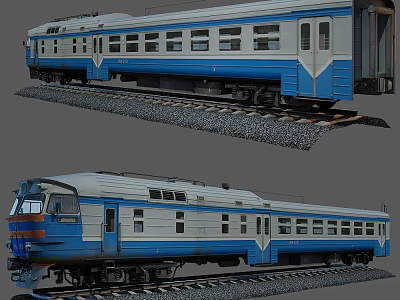 Vintage Blue and White Train With Several Carriages On Railway Tracks 3d model