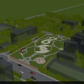 Urban Park Landscape Featuring Green Lawn Circular Paths Trees Rest Areas And Surrounding Buildings
