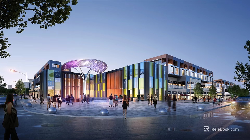 Modern Commercial Street With Colorful Facade Umbrella Shaped Purple Canopy Pedestrian Plaza Evening Atmosphere 3d model 