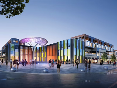 Modern Commercial Street With Colorful Facade Umbrella Shaped Purple Canopy Pedestrian Plaza Evening Atmosphere 3d model