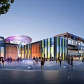 Modern Commercial Street With Colorful Facade Umbrella Shaped Purple Canopy Pedestrian Plaza Evening Atmosphere
