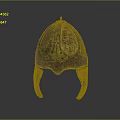 Ancient Golden Ornate Metal Helmet With Intricate Patterns And Ear Flaps As Protective Weapon