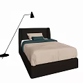 Single Bed with Dark Headboard Light Colored Bedspread and Black Floor Lamp 3d model