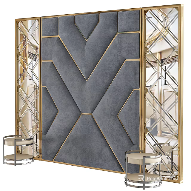 Modern Luxury Sofa Background Wall With Gray Upholstered Panels And Gold Geometric Lines 3d model 