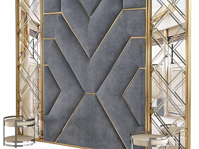Modern Luxury Sofa Background Wall With Gray Upholstered Panels And Gold Geometric Lines 3d model