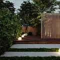 Modern Garden Landscape with Green Lawn Swimming Pool Pergola and Path Lighting