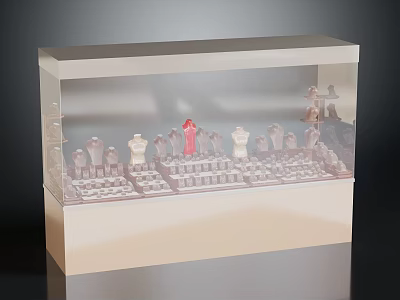Clear Acrylic Display Cabinet Shelf with Multiple Figure Models and Red Center 3d model