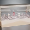 Clear Acrylic Display Cabinet Shelf with Multiple Figure Models and Red Center