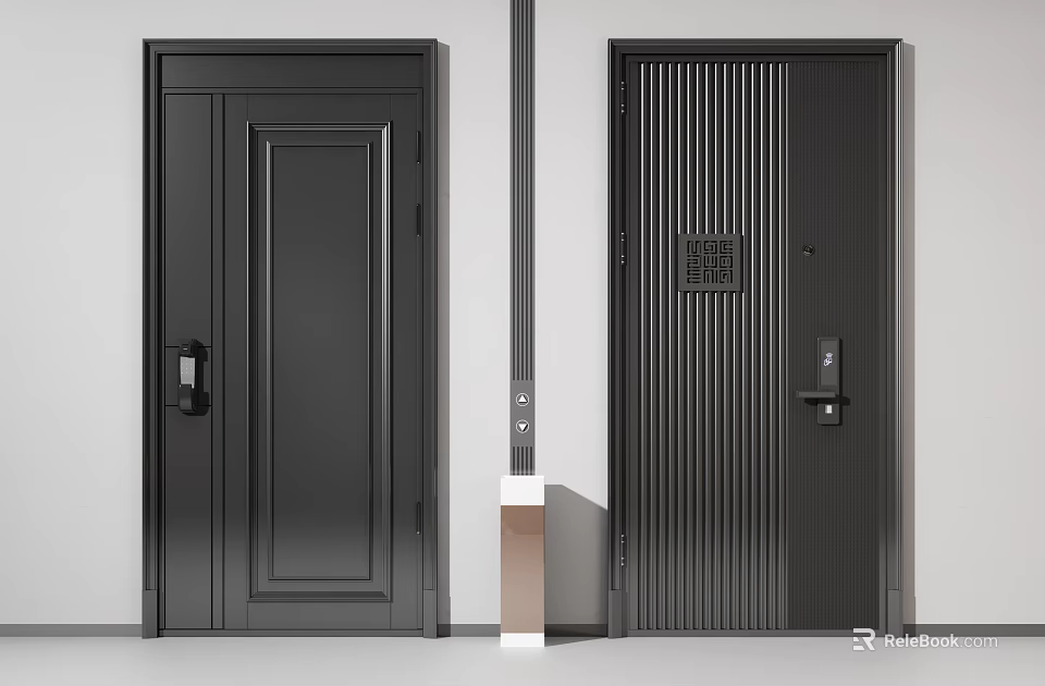 Modern Black Swing Doors with Vertical Slats and Smooth Panel Design for Contemporary Interior 3d model