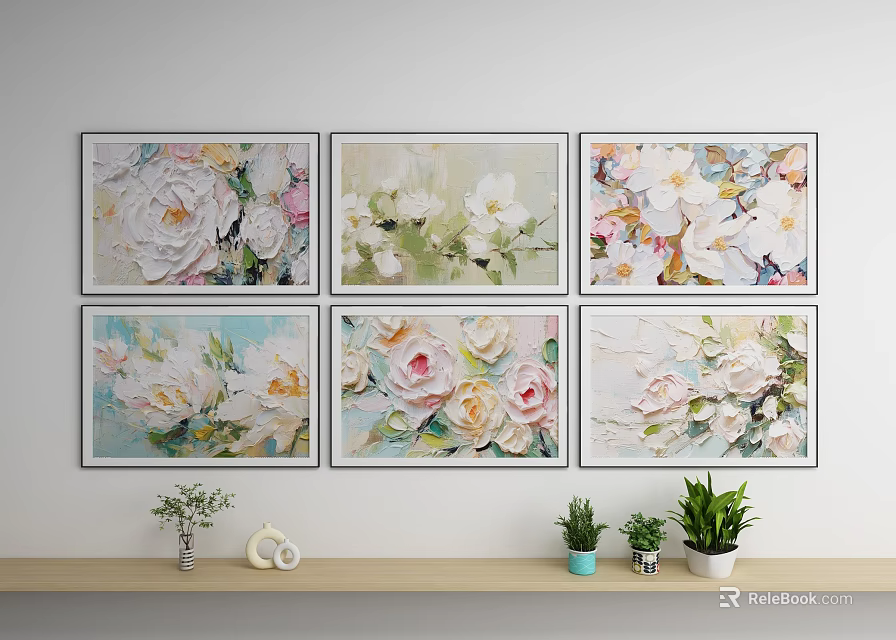 Six Textured Oil Paintings With White Pink Flowers And Green Leaves Home Wall Decor 3d model 