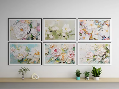 Six Textured Oil Paintings With White Pink Flowers And Green Leaves Home Wall Decor 3d model