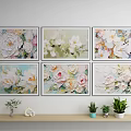 Six Textured Oil Paintings With White Pink Flowers And Green Leaves Home Wall Decor