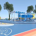 Vibrant Children's Play Area With Airplane Shaped Playground Equipment Trees And Colorful Ground