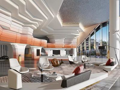 Modern Luxury Sales Office Interior With Spacious Lounge Comfortable Seating And Large Windows 3d model