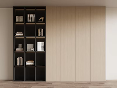Modern Bookcase with Black Frame and Wooden Panels Featuring Books and Decorative Items 3d model