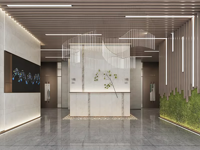 Modern Hotel Lobby With Reception Desk Hanging Chandeliers Green Plants Wall Decor And Marble Floor 3d model